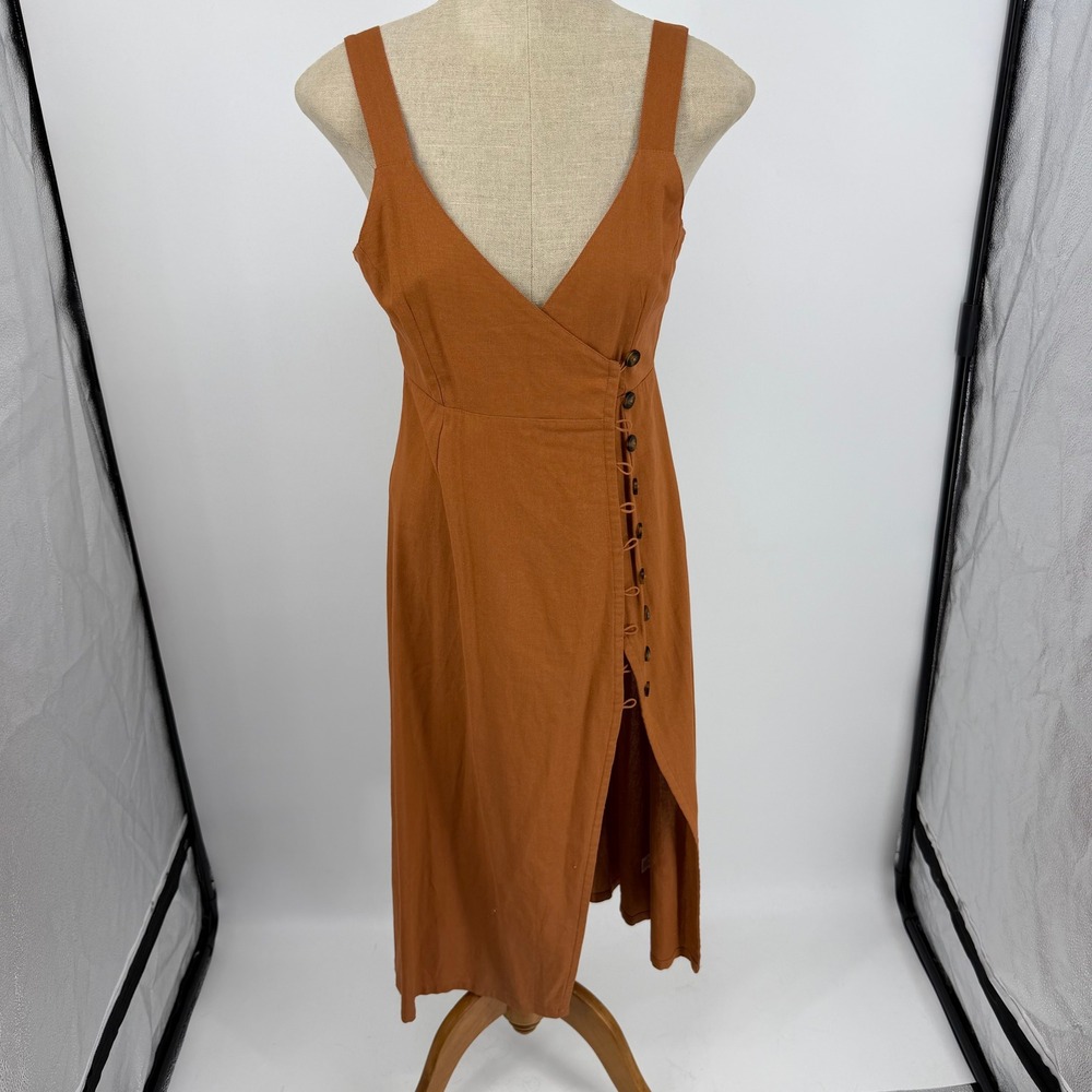 Jen's Pirate Booty Midi Dress Womens XS Rust Orange Linen Blend Wrap Side Button